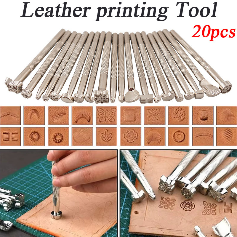 Leatherwork Punching Tool - 20個入り革印鑑彫刻ツールセット、スタンプ印刷パンチツールキット、革工芸DIYアートワーク用サドル製作ツール
