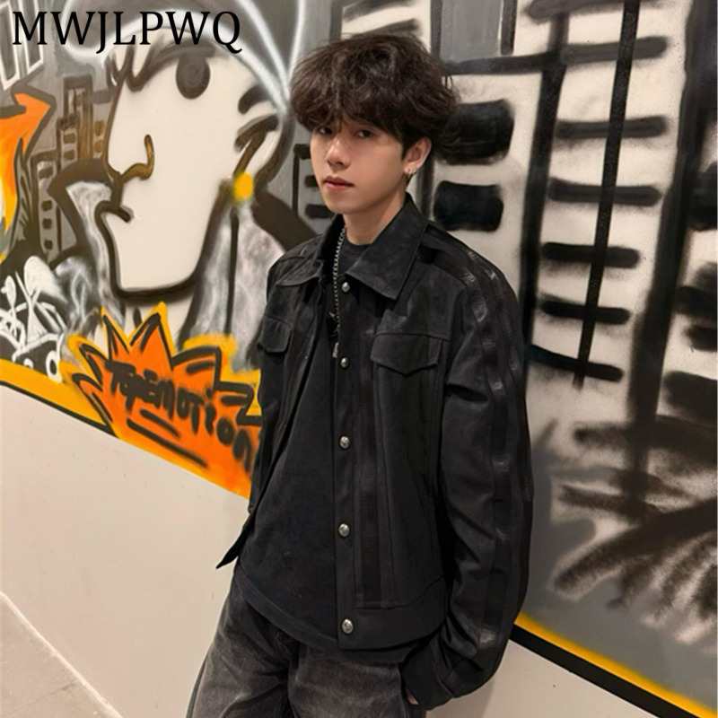 Leatherwork Workshop - MWJLPWQ レトロブラックスエードスプライスワークジャケットメタルボタンラペルルーズストリートコート若い男性用秋デイリーアーバンウェア 16749