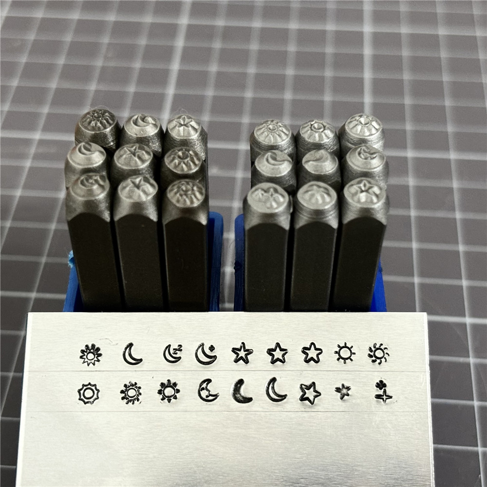 Leatherwork Punching Tool - 金属製の印刷パンチ,彫刻パンチ,月,星,太陽,ロゴ,サンシャイン,ジュエリー,シルバー,emboss,3mm, 9個セット